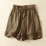 Buddha Stones Plain Color Bottom Hollow Lace Design Lace-up Cotton Women's Shorts With Pockets