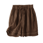 Buddha Stones Plain Color Bottom Hollow Lace Design Lace-up Cotton Women's Shorts With Pockets
