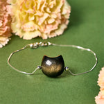 Buddha Stones 925 Sterling Silver Silver Sheen Obsidian Gold Sheen Obsidian Cat Soothing Bracelet