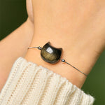 Buddha Stones 925 Sterling Silver Silver Sheen Obsidian Gold Sheen Obsidian Cat Soothing Bracelet