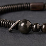 Buddha Stones Silver Sheen Obsidian Coconut Shell Protection Bracelet
