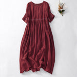 Buddha Stones Solid Color Embroidery Short Sleeve Cotton Midi Dress With Pockets