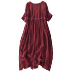 Buddha Stones Solid Color Embroidery Short Sleeve Cotton Midi Dress With Pockets