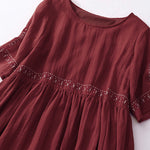 Buddha Stones Solid Color Embroidery Short Sleeve Cotton Midi Dress With Pockets