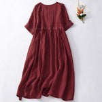 Buddha Stones Solid Color Embroidery Short Sleeve Cotton Midi Dress With Pockets