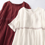 Buddha Stones Solid Color Embroidery Short Sleeve Cotton Midi Dress With Pockets