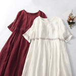 Buddha Stones Solid Color Embroidery Short Sleeve Cotton Midi Dress With Pockets