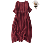Buddha Stones Solid Color Embroidery Short Sleeve Cotton Midi Dress With Pockets