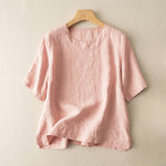 Buddha Stones Simple Plain Short Sleeve Crew Neck Side Slit Cotton Women's T-Shirt