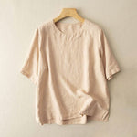 Buddha Stones Simple Plain Short Sleeve Crew Neck Side Slit Cotton Women's T-Shirt
