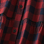 Buddha Stones Contrast Color Plaid Buttons Design Long Sleeve Midi Dress With Pockets