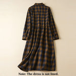 Buddha Stones Contrast Color Plaid Buttons Design Long Sleeve Midi Dress With Pockets