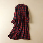 Buddha Stones Contrast Color Plaid Buttons Design Long Sleeve Midi Dress With Pockets