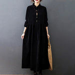 Buddha Stones Fall Buttons Design Long Sleeve Cotton Corduroy Midi Dress With Pockets