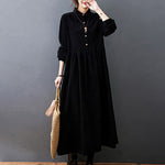 Buddha Stones Fall Buttons Design Long Sleeve Cotton Corduroy Midi Dress With Pockets