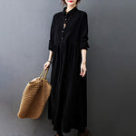 Buddha Stones Fall Buttons Design Long Sleeve Cotton Corduroy Midi Dress With Pockets