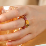 Buddha Stones Natural Tourmaline Lucky Pearl Pixiu Amber Positive Love Ring