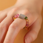 Buddha Stones Natural Tourmaline Lucky Pearl Pixiu Amber Positive Love Ring