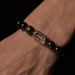 Buddha Stones Natural Silver Sheen Obsidian Blue Tiger Eye Om Mani Padme Hum Soothing Bracelet