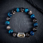 Buddha Stones Natural Silver Sheen Obsidian Blue Tiger Eye Om Mani Padme Hum Soothing Bracelet