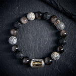 Buddha Stones Silver Sheen Obsidian Lava Rock Grey Jasper Om Mani Padme Hum Vajra Soothing Bracelet