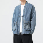 Buddha Stones Denim Button Design Men's Cotton Long Sleeve Jacket With Pockets