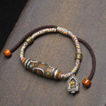 Buddha Stones Handcrafted Tibetan Nine-eye Dzi Bead Protection Rope Bracelet