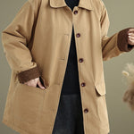 Buddha Stones Plain Lapel Buttons Design Women's Long Sleeve Quilted Cotton Jacket With Pockets