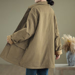 Buddha Stones Plain Lapel Buttons Design Women's Long Sleeve Quilted Cotton Jacket With Pockets