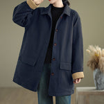 Buddha Stones Plain Lapel Buttons Design Women's Long Sleeve Quilted Cotton Jacket With Pockets