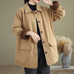 Buddha Stones Plain Lapel Buttons Design Women's Long Sleeve Quilted Cotton Jacket With Pockets