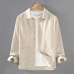 Buddha Stones Solid Color Long Sleeve Buttons Shirt Men Ramie Cotton Clothing With Pockets