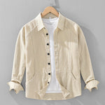 Buddha Stones Men's Fall Plain Ramie Cotton Long Sleeve Lapel Shirt With Pockets