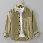 Buddha Stones Men's Fall Plain Ramie Cotton Long Sleeve Lapel Shirt With Pockets