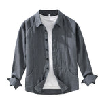 Buddha Stones Men's Fall Plain Ramie Cotton Long Sleeve Lapel Shirt With Pockets