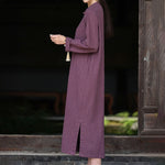 Buddha Stones Fall Plain Chinese Frog-Button Design Cotton Linen Long Sleeve Midi Dress With Pockets