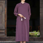 Buddha Stones Fall Plain Chinese Frog-Button Design Cotton Linen Long Sleeve Midi Dress With Pockets