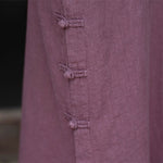 Buddha Stones Fall Plain Chinese Frog-Button Design Cotton Linen Long Sleeve Midi Dress With Pockets