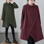 Buddha Stones Winter Irregular Hem Design Mock Neck Long Sleeve Midi Dress With Pockets