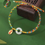 Buddha Stones Handmade Peace Buckle Jade Prosperity 925 Sterling Silver Colorful Rope Bracelet