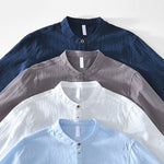 Buddha Stones Spring Fall Solid Long Sleeve Half Button Cotton Men's Shirts