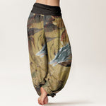 Buddha Stones Pure Cotton Dragon Auspicious Clouds Pattern Women's Elastic Waist Harem Pants