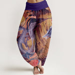 Buddha Stones Pure Cotton Dragon Auspicious Clouds Pattern Women's Elastic Waist Harem Pants