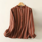Buddha Stones Casual Retro Stripes Women's Long Sleeve Polyester Shirt