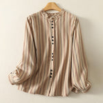 Buddha Stones Casual Retro Stripes Women's Long Sleeve Polyester Shirt