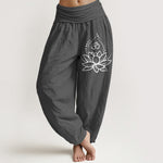 Buddha Stones Blooming Lotus Om Symbol Pattern Women's Elastic Waist Harem Cotton Pants