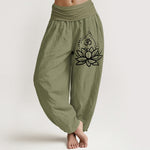 Buddha Stones Blooming Lotus Om Symbol Pattern Women's Elastic Waist Harem Cotton Pants