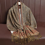 Buddha Stones Tibetan Jacquard Paisley Flower Pattern Color Contrast Design Tassel Cozy Scarf Shawl