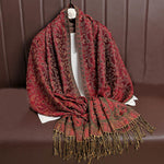 Buddha Stones Tibetan Jacquard Paisley Flower Pattern Color Contrast Design Tassel Cozy Scarf Shawl