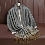 Buddha Stones Tibetan Jacquard Paisley Flower Pattern Color Contrast Design Tassel Cozy Scarf Shawl